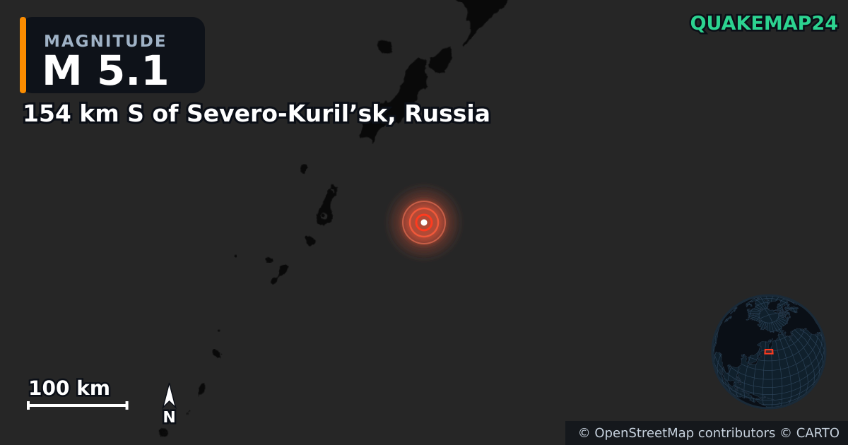 M5.1 earthquake near 154 km S of Severo-Kuril’sk, Russia on Jan 11, 2026 — map of epicenter and shaking intensity | QuakeMap24