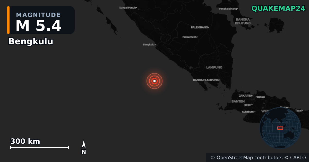 M5.4 earthquake near Bengkulu on Dec 27, 2025 — map of epicenter and shaking intensity | QuakeMap24