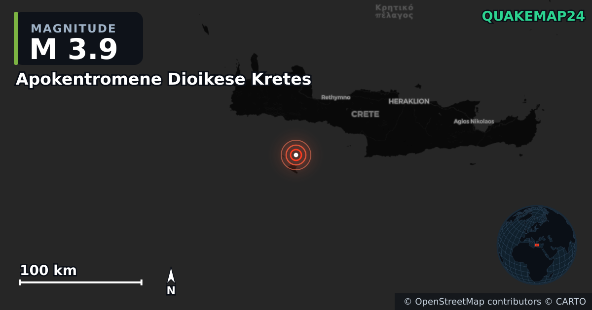 M3.9 earthquake near Apokentromene Dioikese Kretes on Sep 20, 2025 — map of epicenter and shaking intensity | QuakeMap24