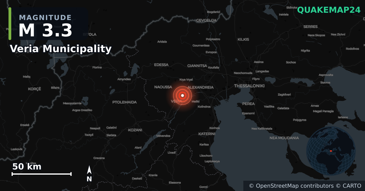 M3.3 Earthquake near Veria Municipality, Central Macedonia (Greece) · 2026-10-23 — Map showing the location of the epicenter