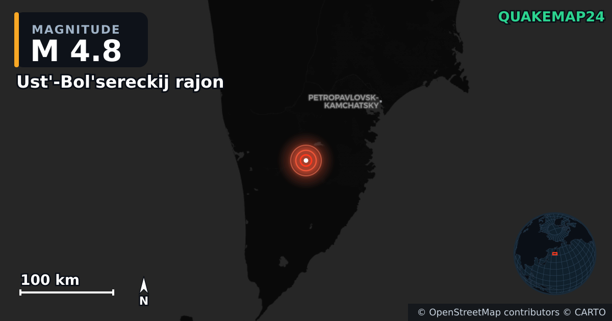 M4.8 earthquake near Ust'-Bol'sereckij rajon on Feb 9, 2026 — map of epicenter and shaking intensity | QuakeMap24
