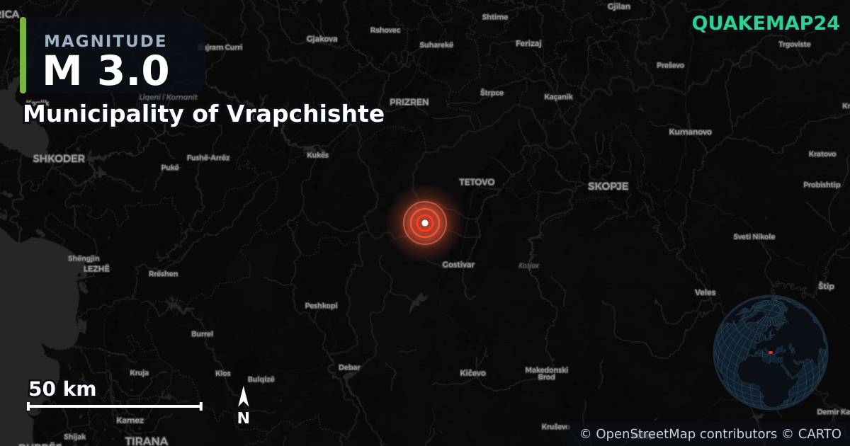 M3.0 earthquake near Municipality of Vrapchishte on Jun 28, 2026 — map of epicenter and shaking intensity | QuakeMap24