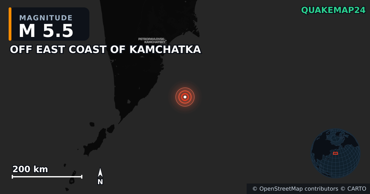 M5.5 earthquake near OFF EAST COAST OF KAMCHATKA on Aug 6, 2025 — map of epicenter and shaking intensity | QuakeMap24