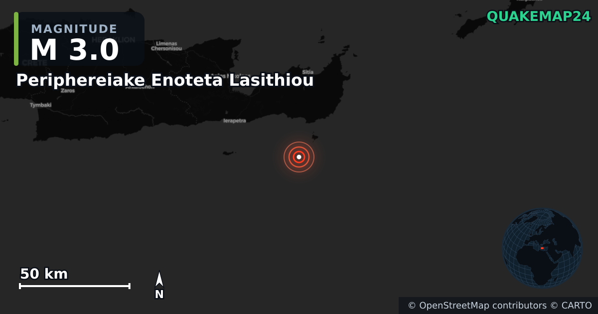 M3.0 earthquake near Periphereiake Enoteta Lasithiou on May 5, 2026 — map of epicenter and shaking intensity | QuakeMap24