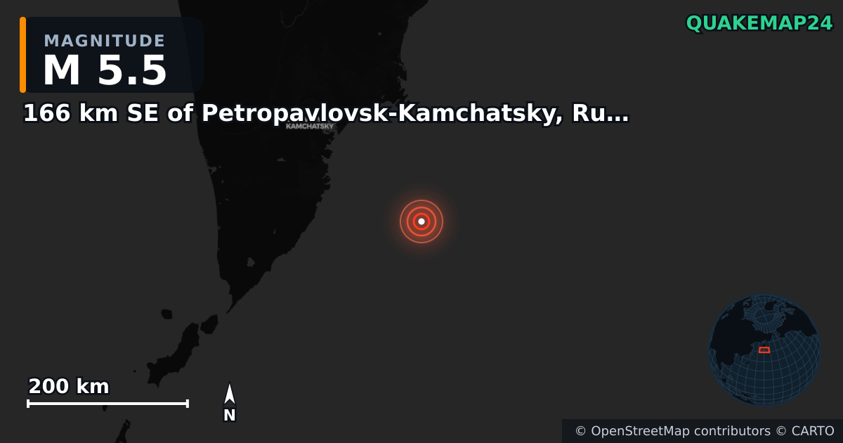 M5.5 earthquake near 166 km SE of Petropavlovsk-Kamchatsky, Russia on Dec 15, 2025 — map of epicenter and shaking intensity | QuakeMap24