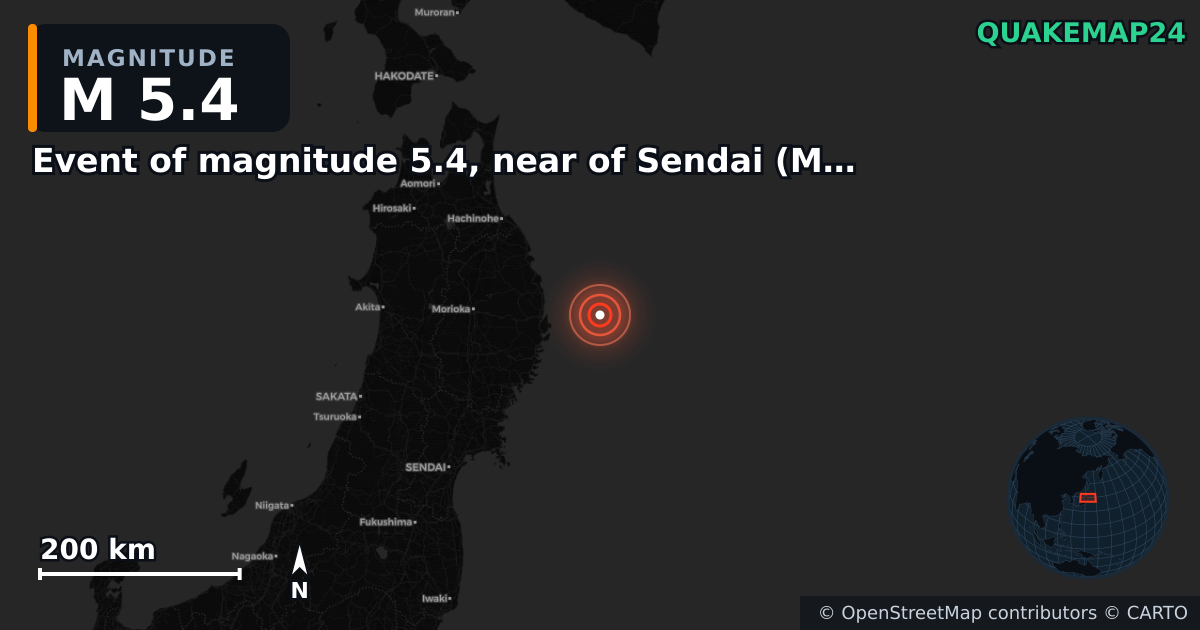 M5.4 earthquake near Event of magnitude 5.4, near of Sendai (Monde) on Mar 8, 2026 — map of epicenter and shaking intensity | QuakeMap24