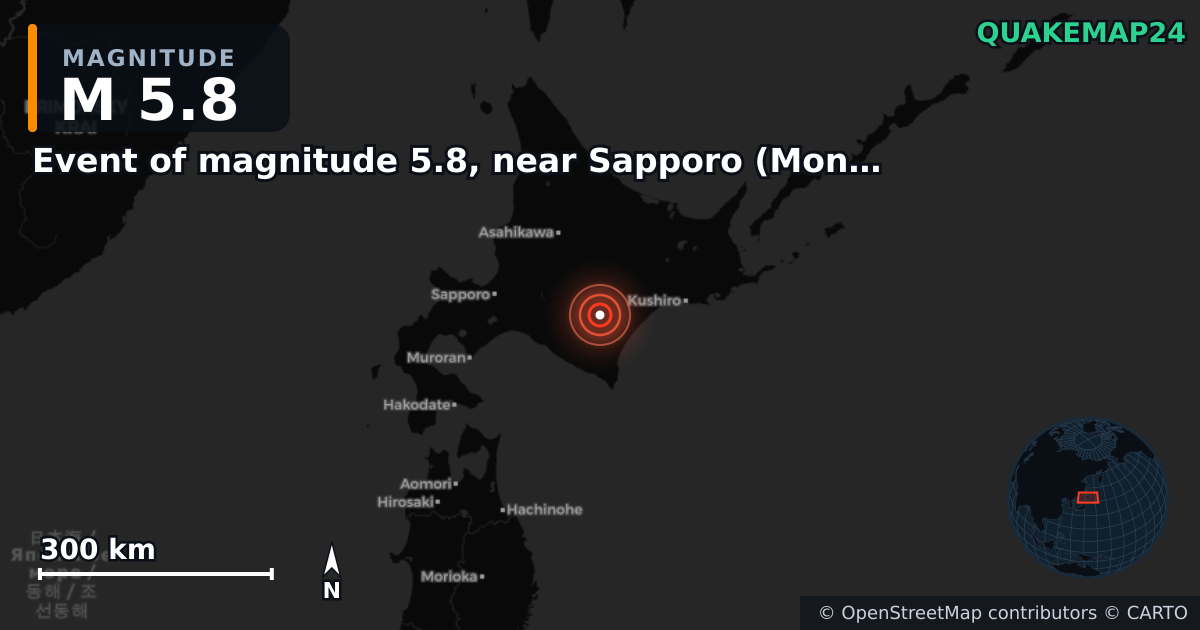 M5.8 earthquake near Event of magnitude 5.8, near Sapporo (Monde) on Apr 26, 2026 — map of epicenter and shaking intensity | QuakeMap24