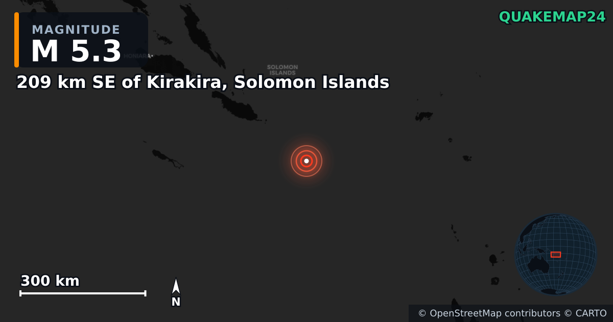 M5.3 earthquake near 209 km SE of Kirakira, Solomon Islands on Dec 16, 2025 — map of epicenter and shaking intensity | QuakeMap24