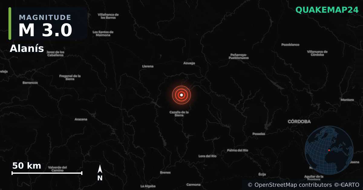 Alanís, Andalusia (İspanya) yakınında M3,0 deprem · 2026-10-05 — Deprem merkez üssünün konumunu gösteren harita