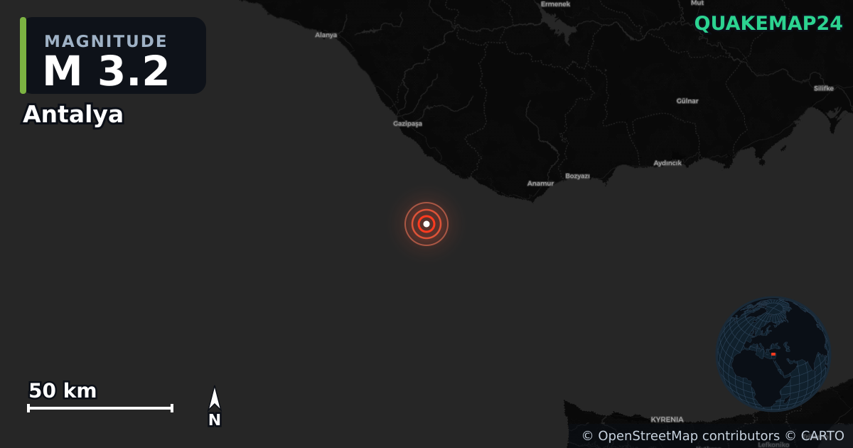 M3.2 earthquake near Antalya on Sep 28, 2025 — map of epicenter and shaking intensity | QuakeMap24