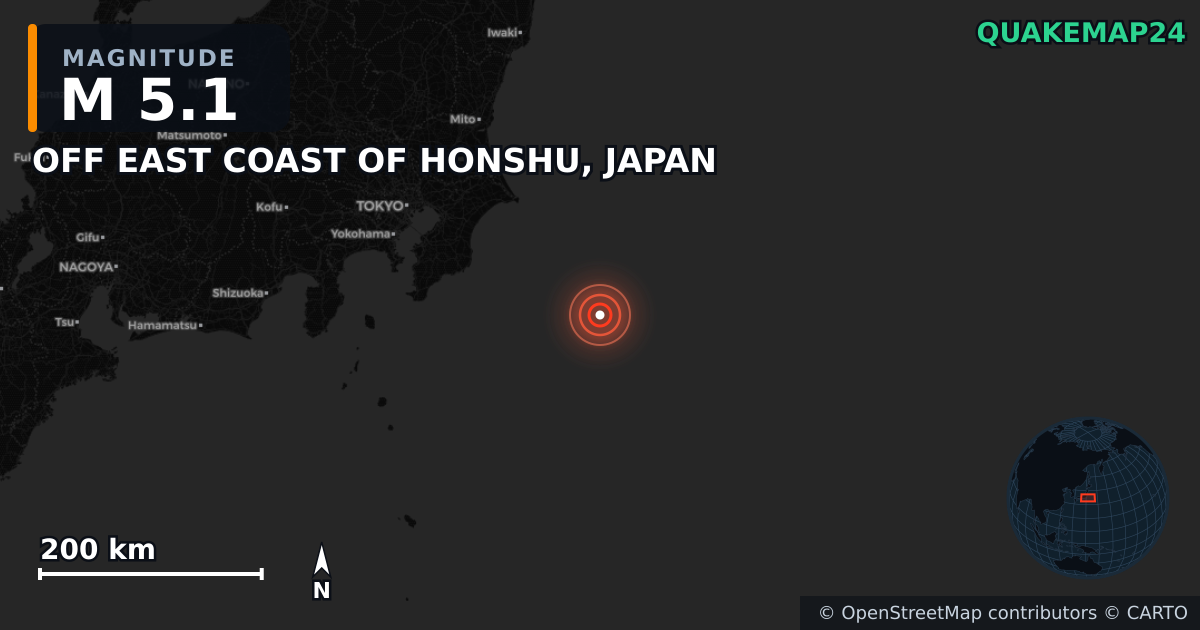 M5.1 earthquake near OFF EAST COAST OF HONSHU, JAPAN on Dec 21, 2025 — map of epicenter and shaking intensity | QuakeMap24