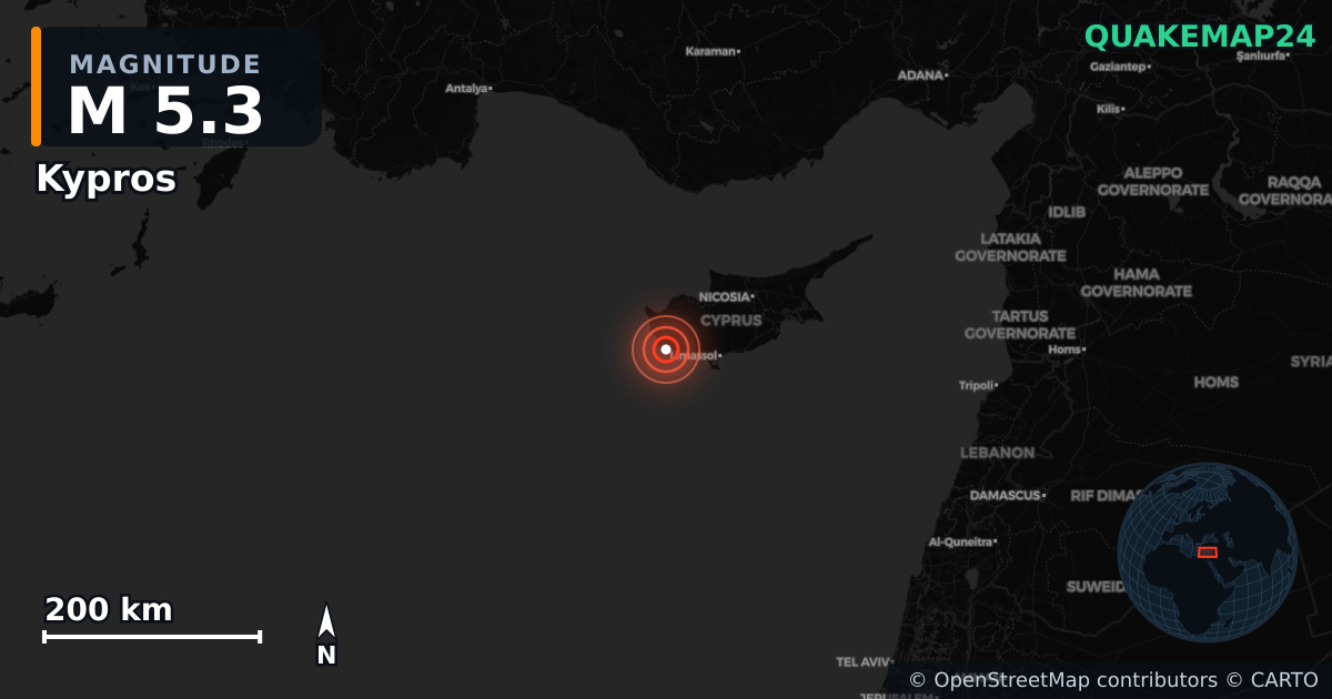 M5.3 earthquake near Kypros on Nov 12, 2025 — map of epicenter and shaking intensity | QuakeMap24