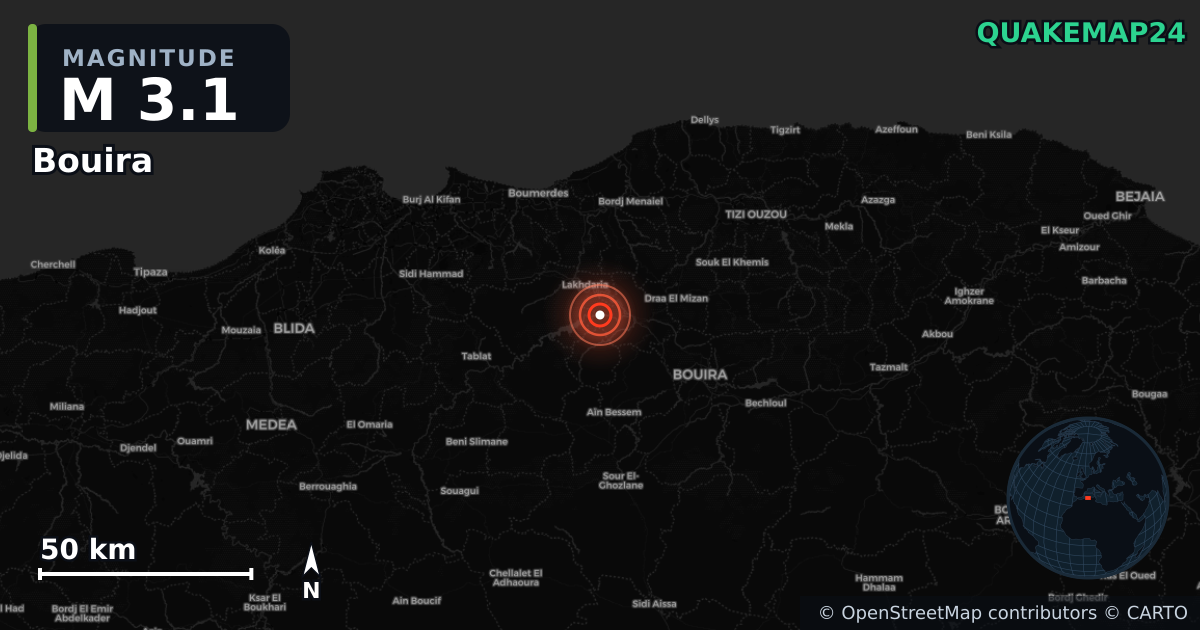M3.1 earthquake near Bouira on Jul 22, 2025 — map of epicenter and shaking intensity | QuakeMap24