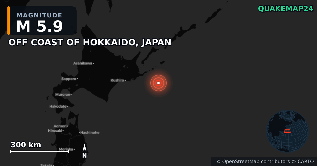 M5.9 earthquake near OFF COAST OF HOKKAIDO, JAPAN on Jun 18, 2025 — map of epicenter and shaking intensity | QuakeMap24