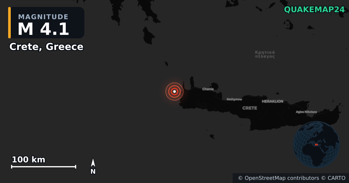 M4.1 earthquake near Crete, Greece on Aug 18, 2025 — map of epicenter and shaking intensity | QuakeMap24