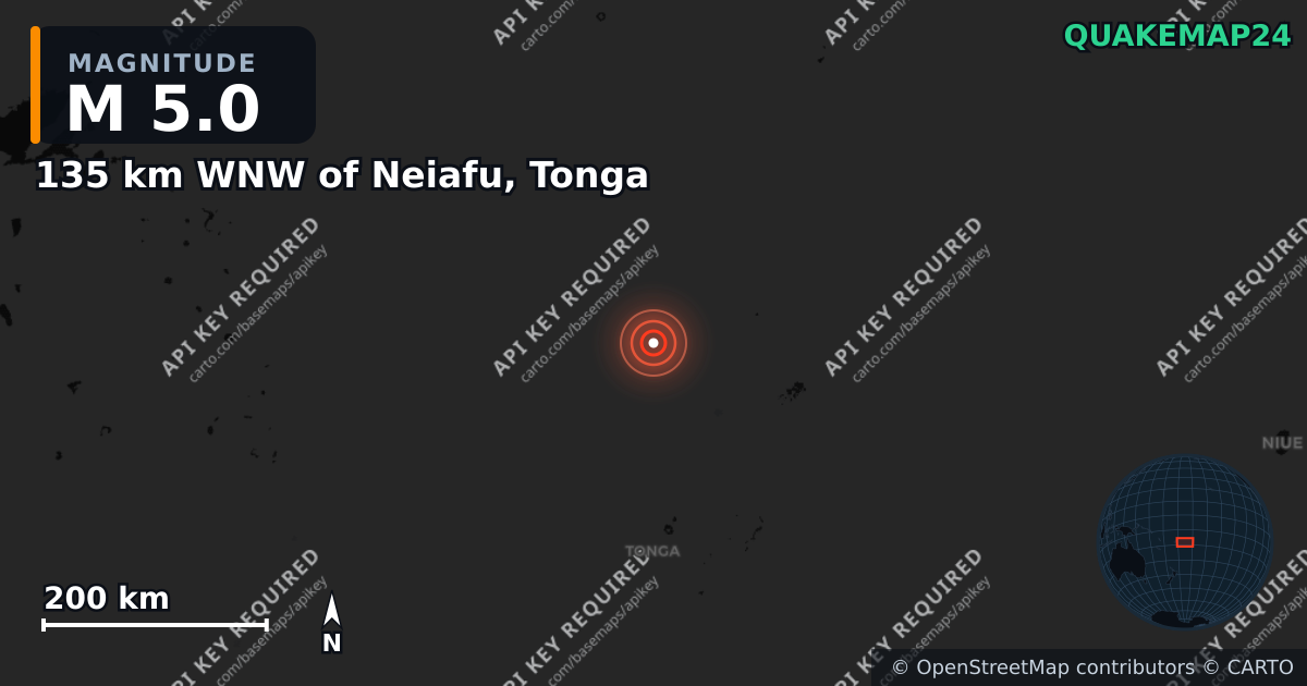 M5.0 earthquake near 135 km WNW of Neiafu, Tonga on Apr 30, 2026 — map of epicenter and shaking intensity | QuakeMap24
