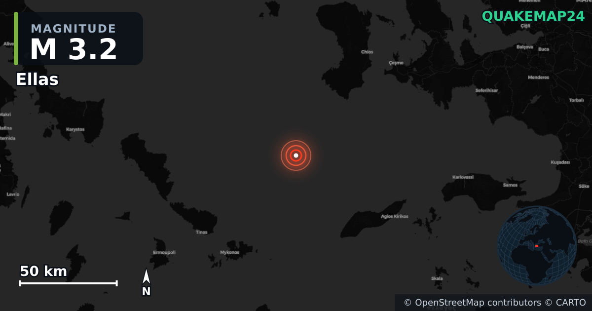 M3.2 earthquake near Ellas on Aug 23, 2025 — map of epicenter and shaking intensity | QuakeMap24