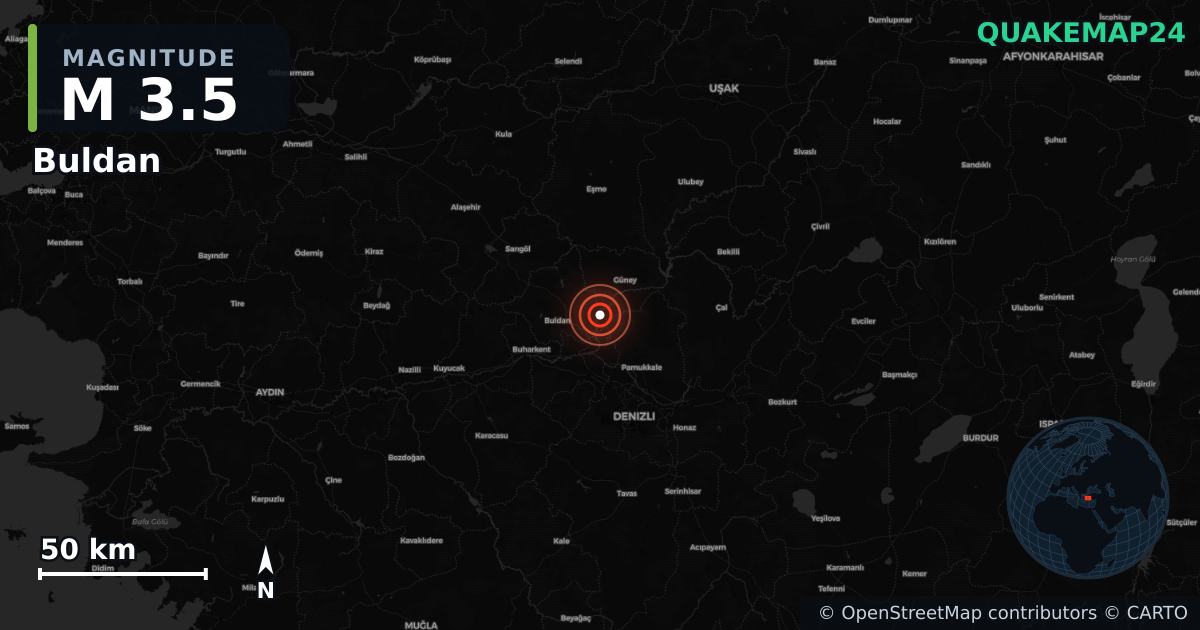 M3.5 earthquake near Buldan on Mar 31, 2026 — map of epicenter and shaking intensity | QuakeMap24