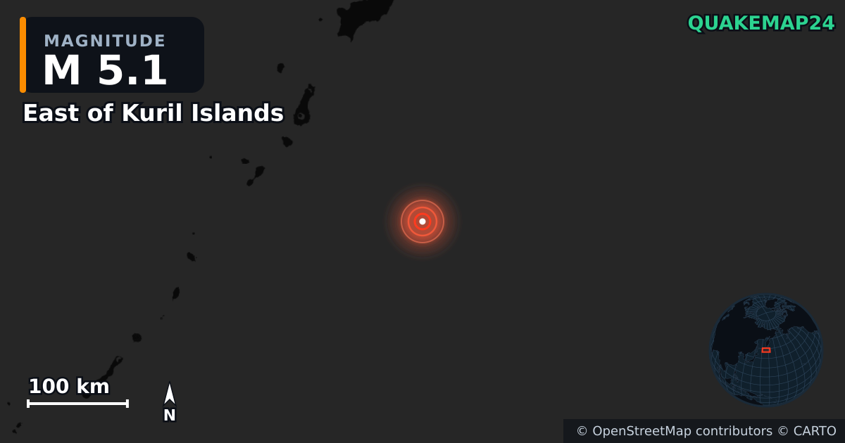M5.1 earthquake near East of Kuril Islands on Oct 5, 2025 — map of epicenter and shaking intensity | QuakeMap24