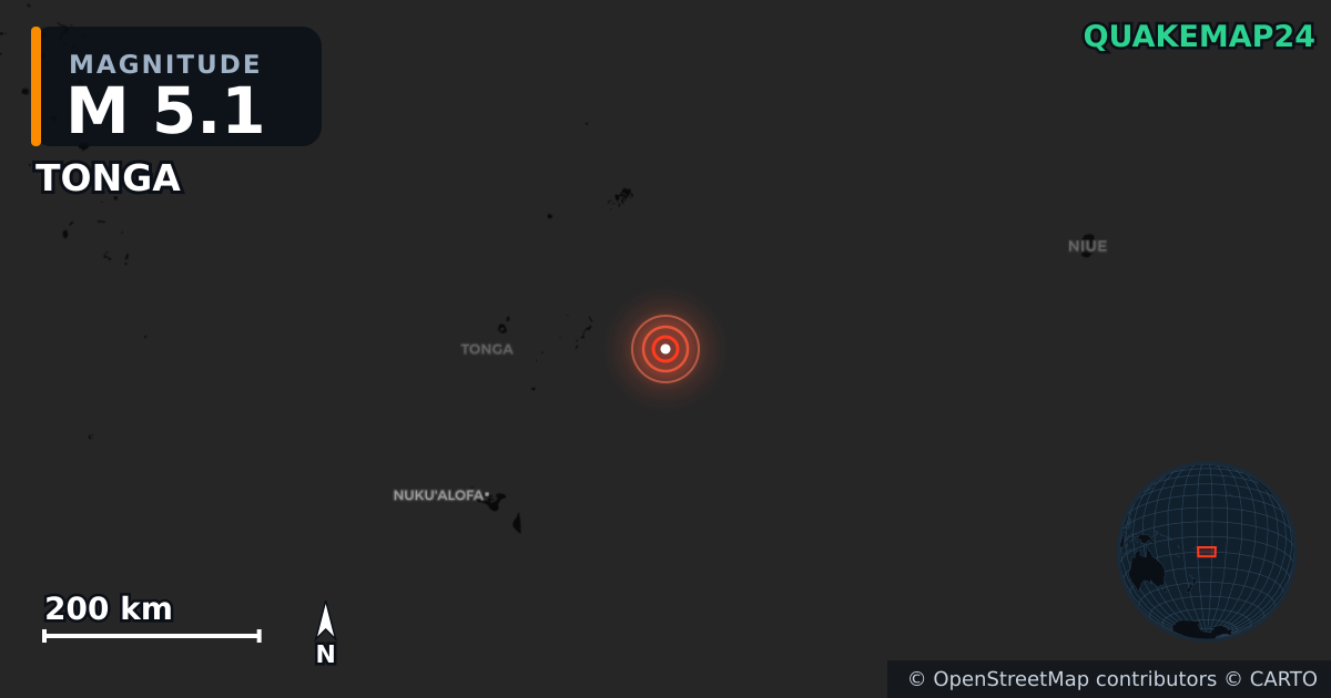 TONGA yakınında M5,1 deprem — Deprem merkez üssünün konumunu gösteren harita