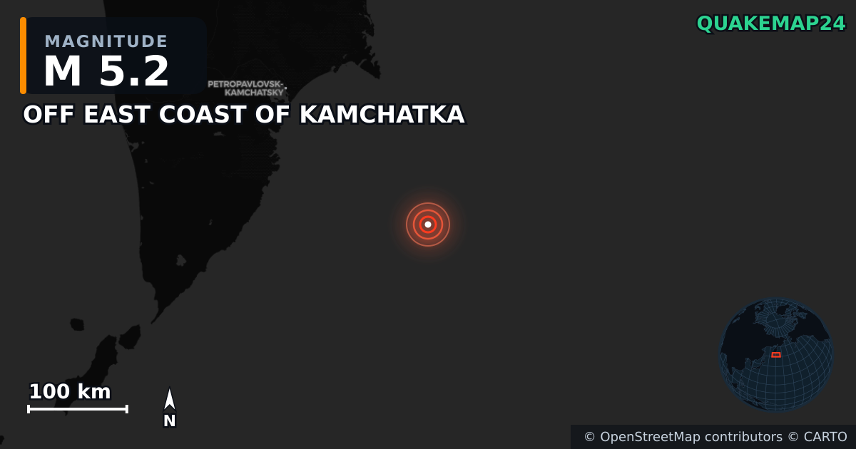 M5.2 earthquake near OFF EAST COAST OF KAMCHATKA on Jul 30, 2025 — map of epicenter and shaking intensity | QuakeMap24