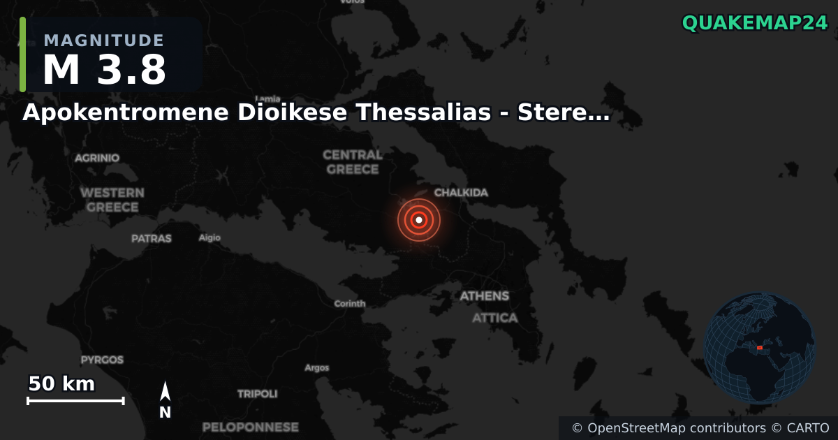 M3.8 earthquake near Apokentromene Dioikese Thessalias - Stereas Ellados on Sep 6, 2025 — map of epicenter and shaking intensity | QuakeMap24