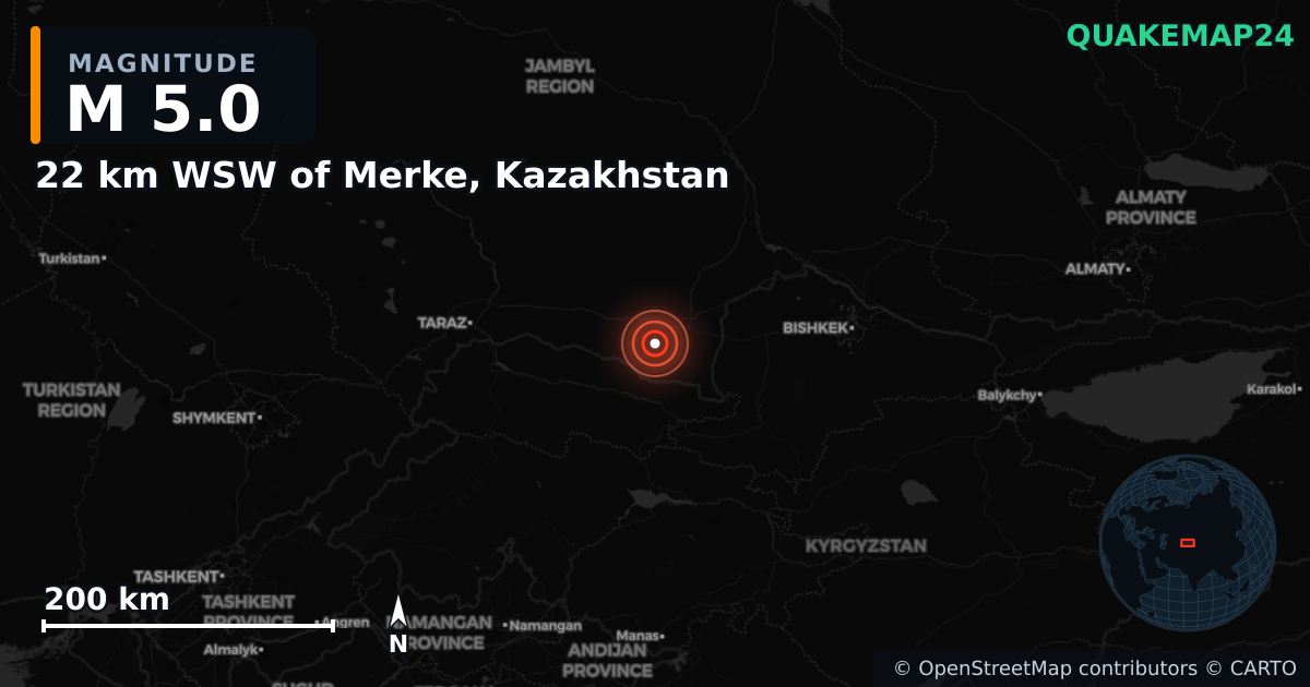 M5.0 earthquake near 22 km WSW of Merke, Kazakhstan on Mar 28, 2025 — map of epicenter and shaking intensity | QuakeMap24