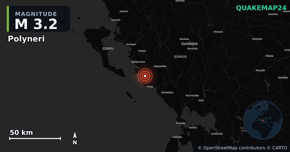 M3.2 earthquake near Polyneri on Apr 12, 2026 — map of epicenter and shaking intensity | QuakeMap24
