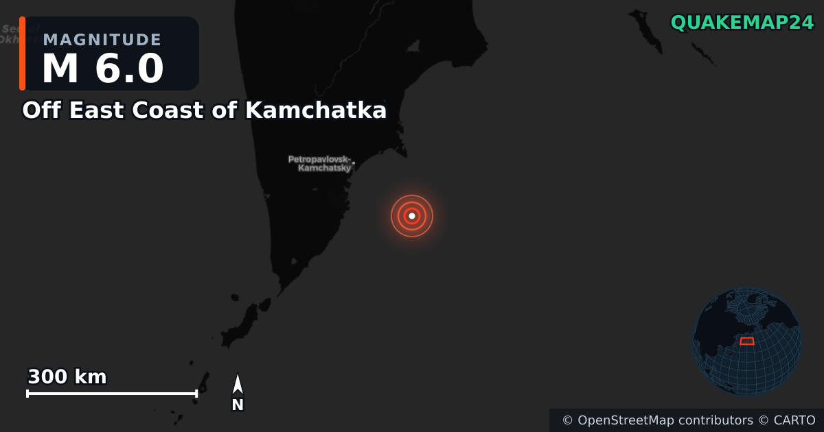 M6.0 earthquake near Off East Coast of Kamchatka on Nov 3, 2025 — map of epicenter and shaking intensity | QuakeMap24