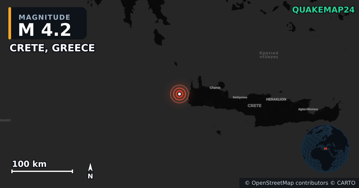 M4.2 earthquake near CRETE, GREECE on Aug 18, 2025 — map of epicenter and shaking intensity | QuakeMap24