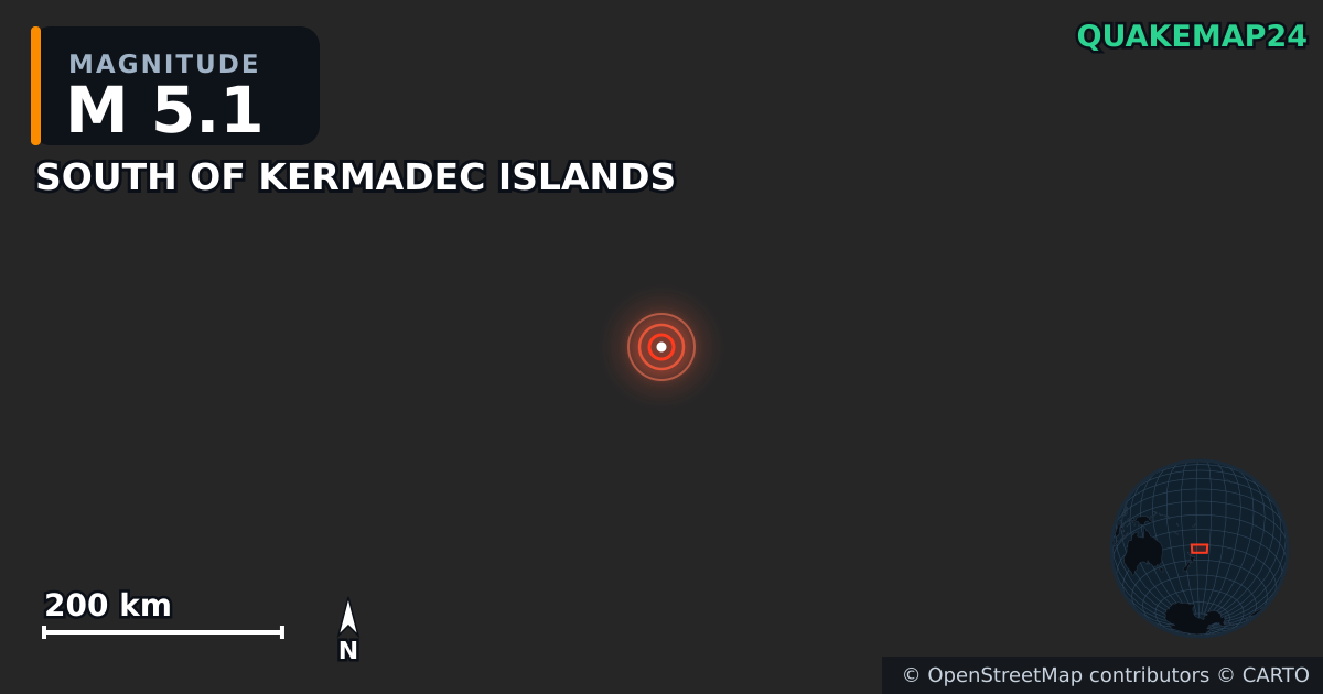 M5.1 earthquake near SOUTH OF KERMADEC ISLANDS on Jun 26, 2026 — map of epicenter and shaking intensity | QuakeMap24