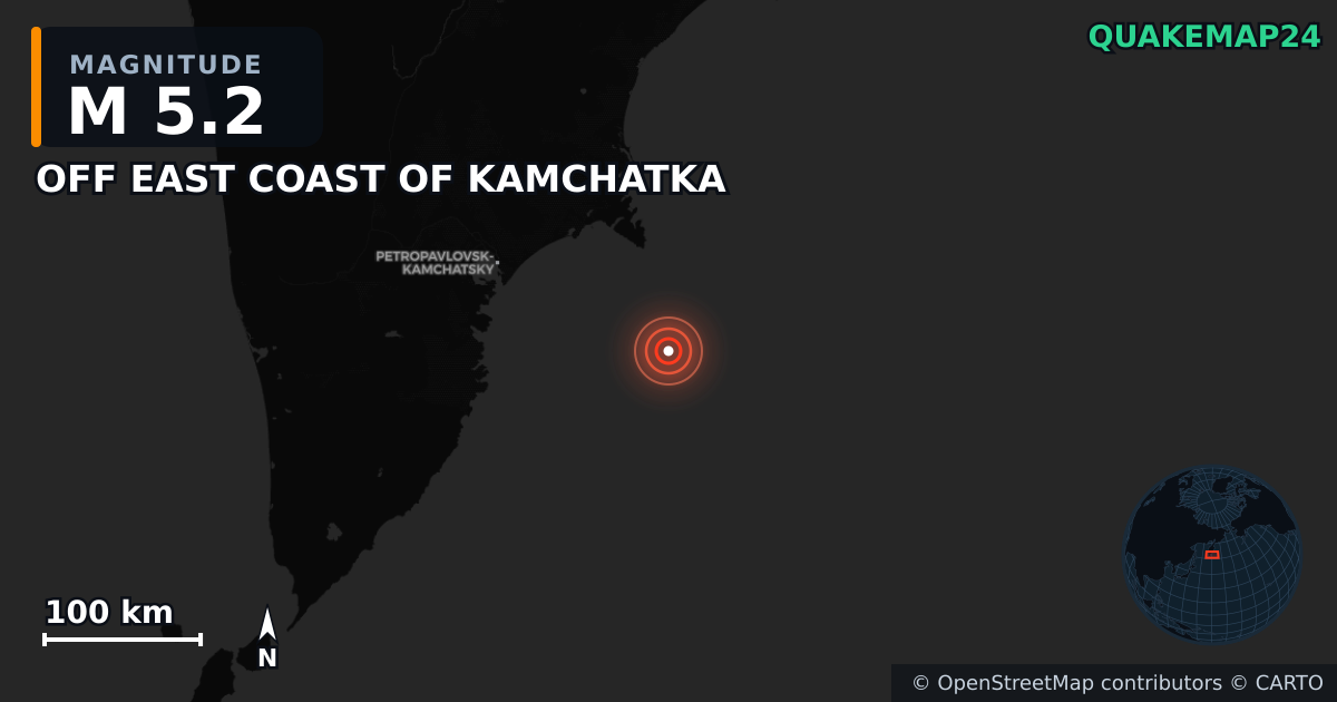 OFF EAST COAST OF KAMCHATKA yakınında M5,2 deprem — Deprem merkez üssünün konumunu gösteren harita