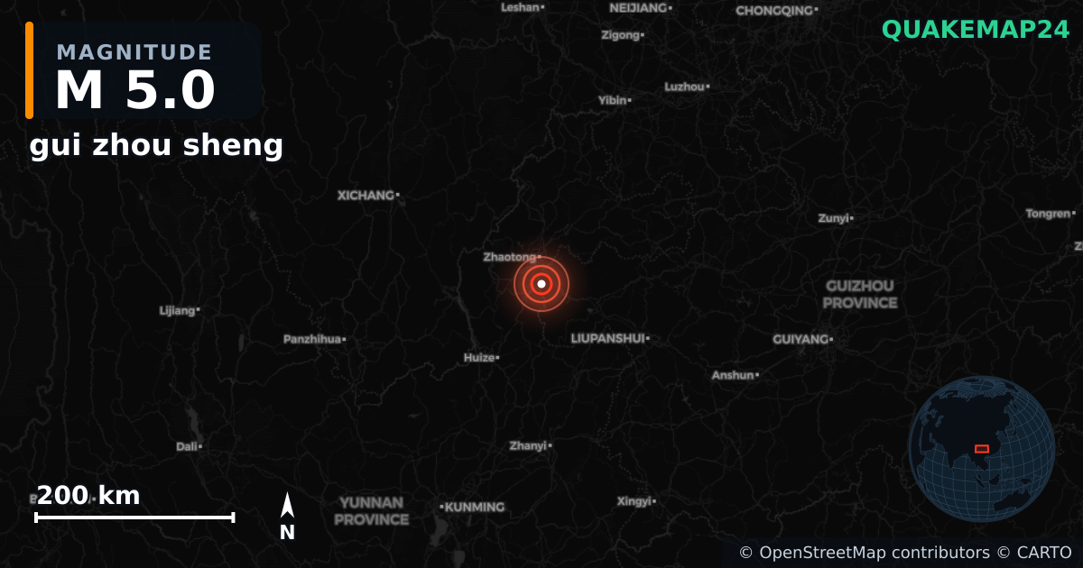 M5.0 earthquake near gui zhou sheng on Oct 10, 2025 — map of epicenter and shaking intensity | QuakeMap24