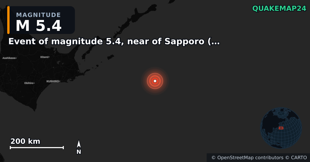 M5.4 earthquake near Event of magnitude 5.4, near of Sapporo (Monde) on Dec 21, 2025 — map of epicenter and shaking intensity | QuakeMap24