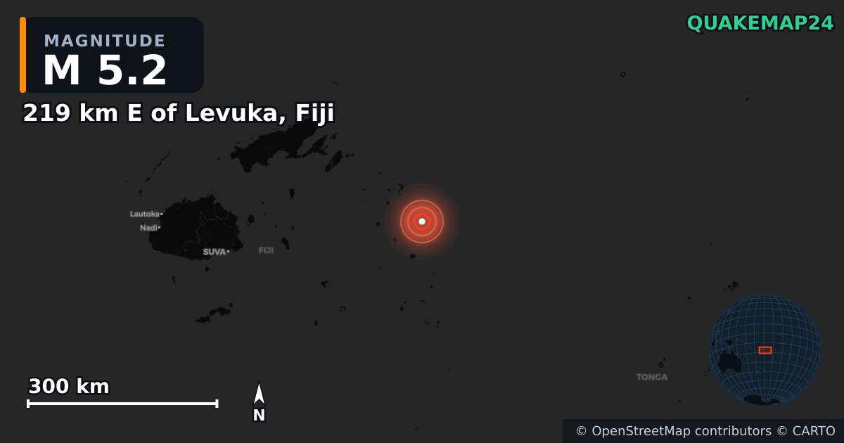 M5.2 earthquake near 219 km E of Levuka, Fiji on Mar 22, 2026 — map of epicenter and shaking intensity | QuakeMap24