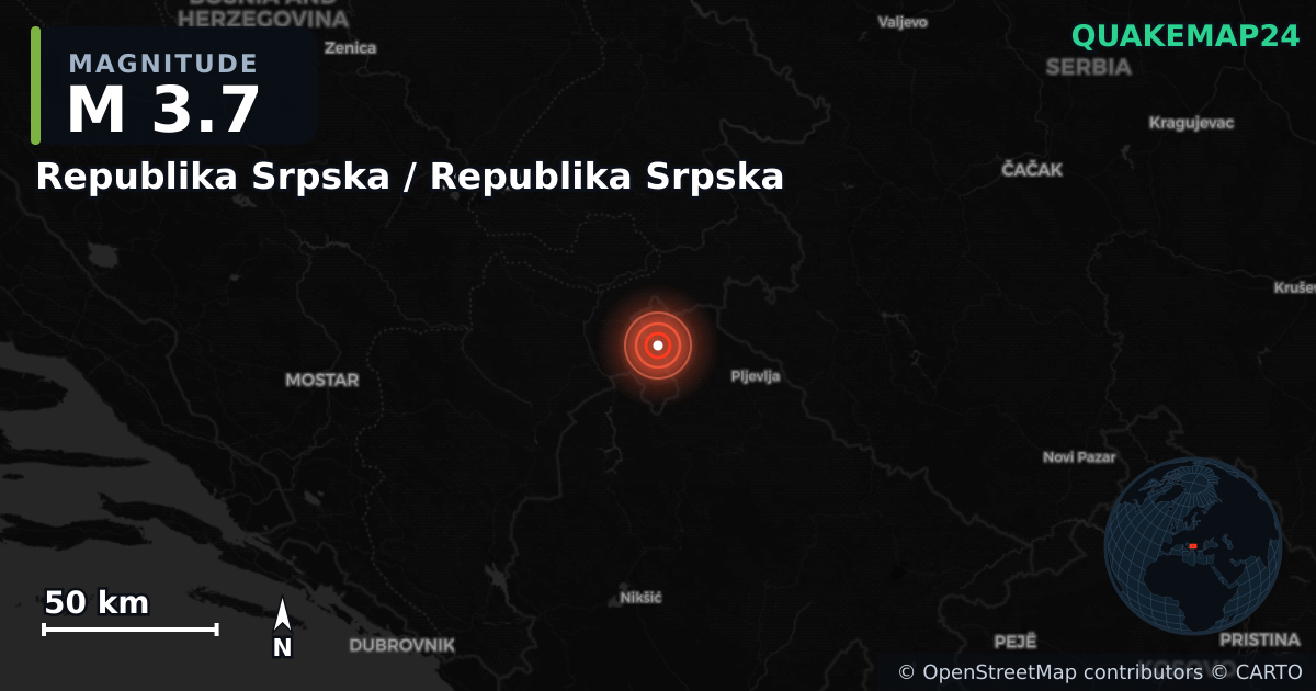 M3.7 earthquake near Republika Srpska / Republika Srpska on Nov 7, 2025 — map of epicenter and shaking intensity | QuakeMap24