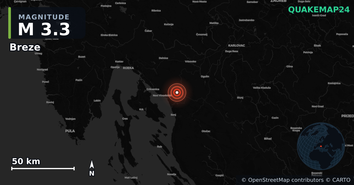 Σεισμός M3,3 κοντά στο Breze (Κροατία) · 2026-09-17 — Χάρτης της θέσης του επικέντρου