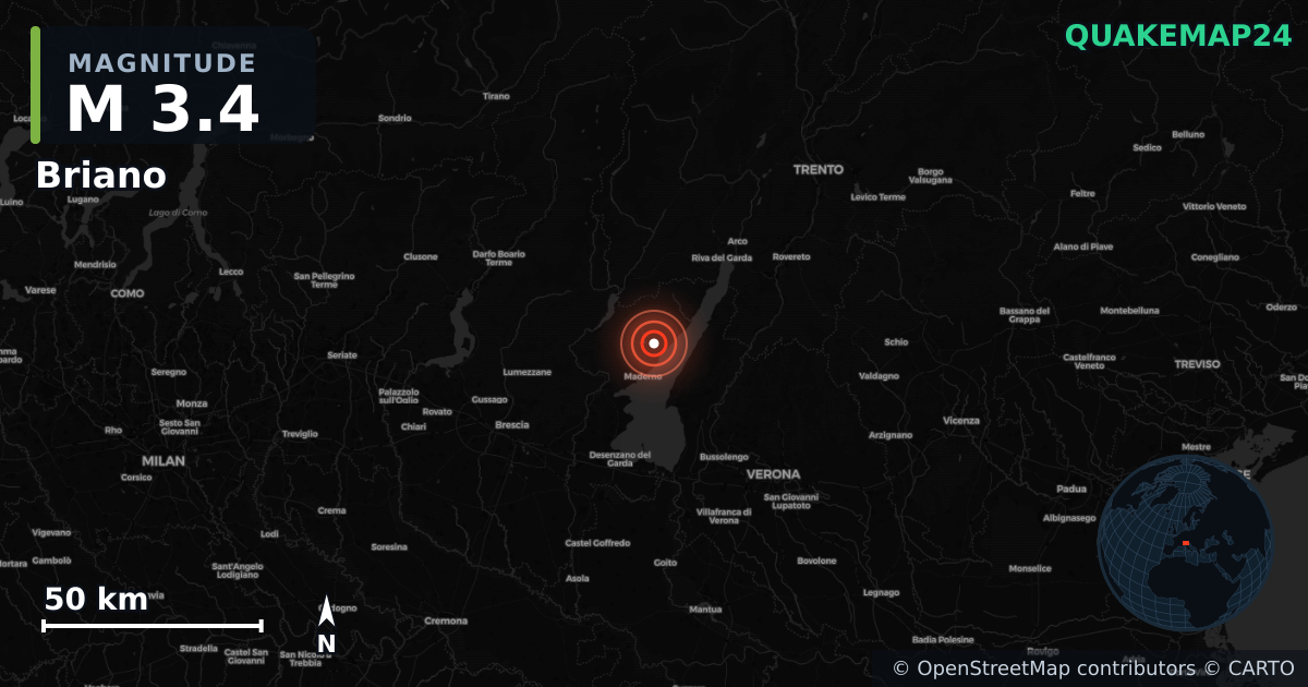 M3.4 earthquake near Briano on Jan 9, 2026 — map of epicenter and shaking intensity | QuakeMap24