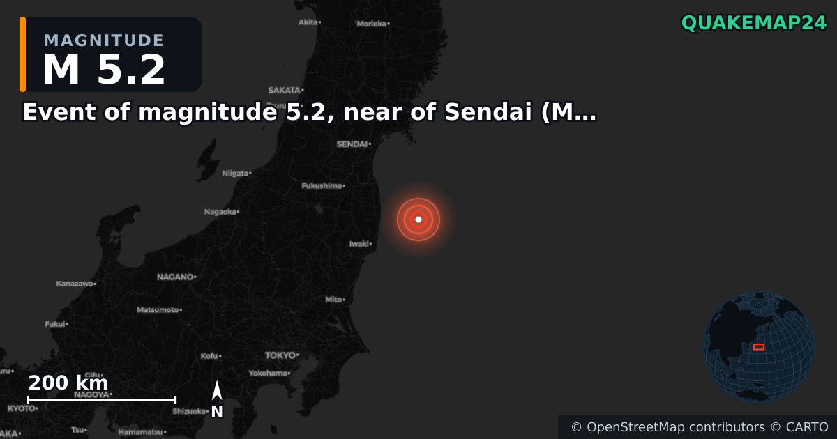 M5.2 earthquake near Event of magnitude 5.2, near of Sendai (Monde) on Aug 29, 2025 — map of epicenter and shaking intensity | QuakeMap24