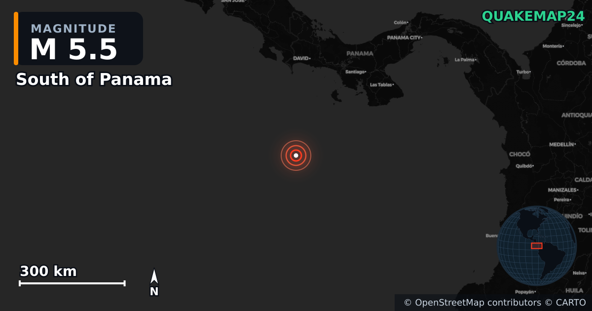 South of Panama yakınında M5,5 deprem — Deprem merkez üssünün konumunu gösteren harita