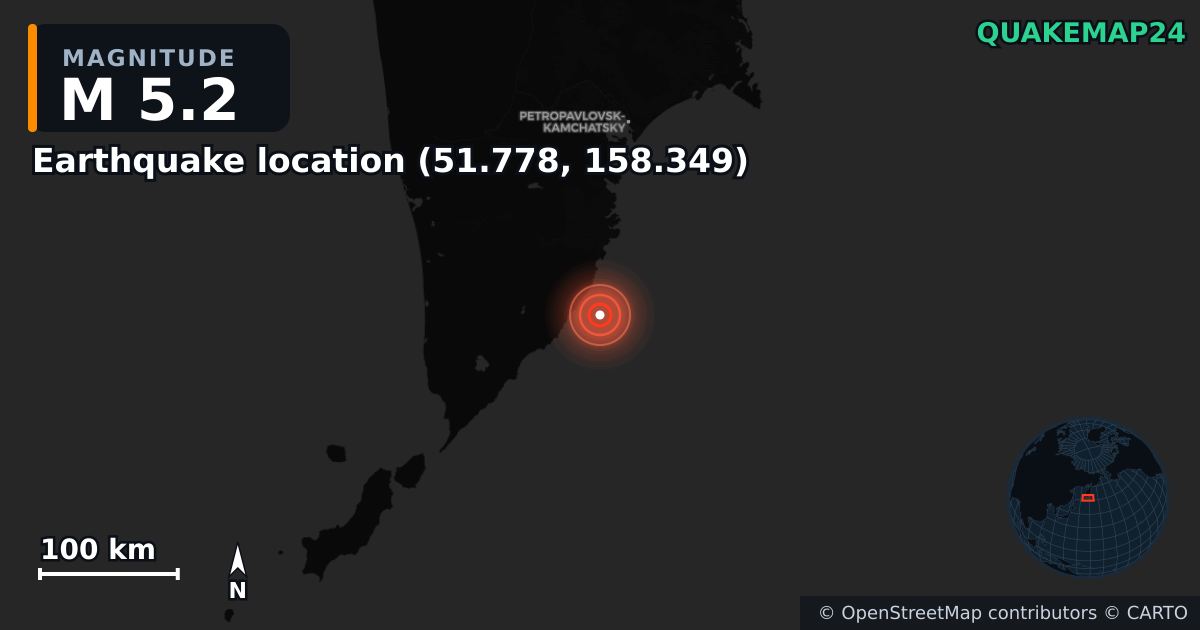 M5.2 earthquake near Deprem konumu (51.778, 158.349) on Nov 17, 2025 — map of epicenter and shaking intensity | QuakeMap24