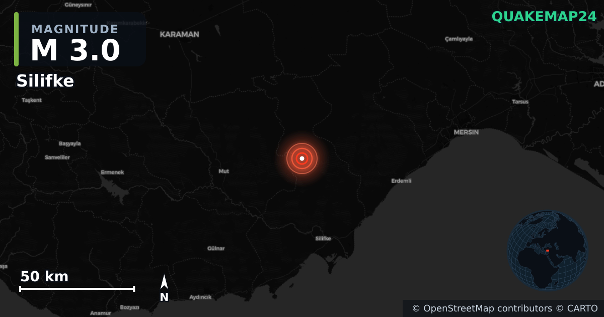 M3.0 earthquake near Silifke on Aug 29, 2025 — map of epicenter and shaking intensity | QuakeMap24