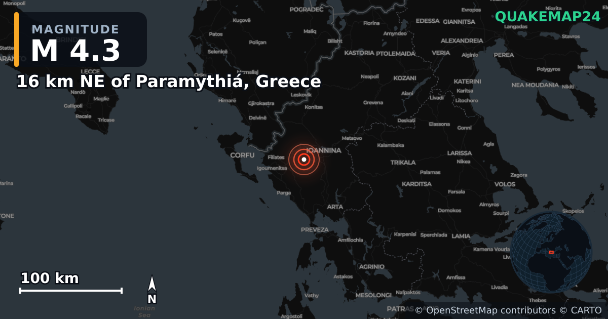 M4.3 Earthquake near 16 km NE of Paramythiá, Greece · 2026-04-03 — Map showing the location of the epicenter