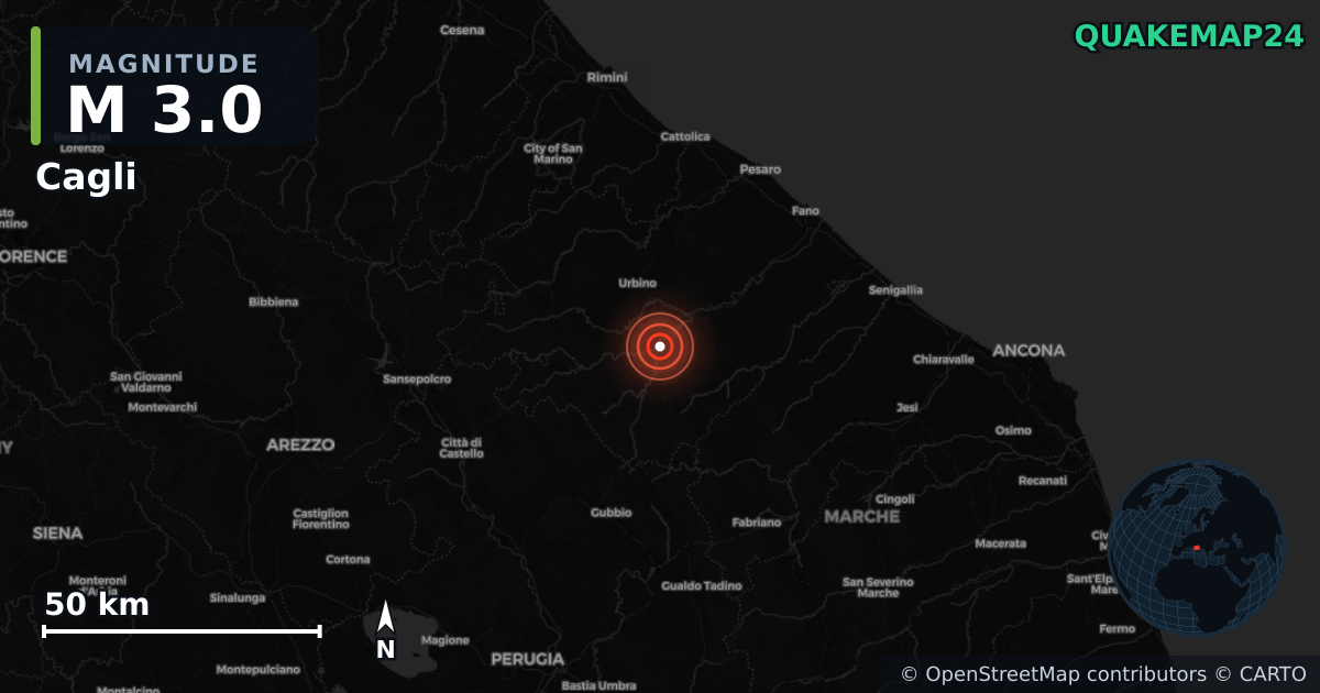 M3.0 Earthquake near Cagli, Marche (Italy) · 2026-06-17 — Map showing the location of the epicenter