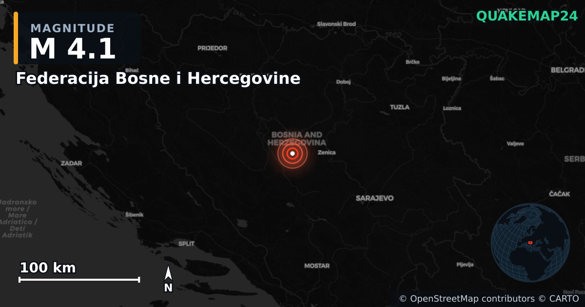 M4.1 earthquake near Federacija Bosne i Hercegovine on Oct 2, 2025 — map of epicenter and shaking intensity | QuakeMap24