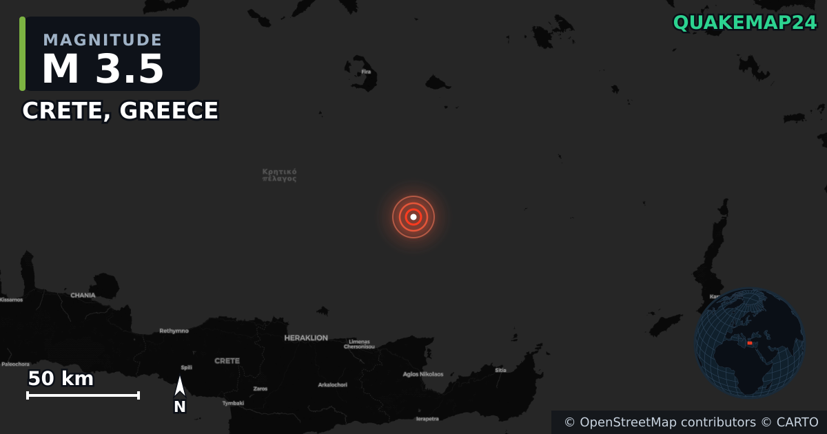 M3.5 earthquake near CRETE, GREECE on Jun 3, 2025 — map of epicenter and shaking intensity | QuakeMap24