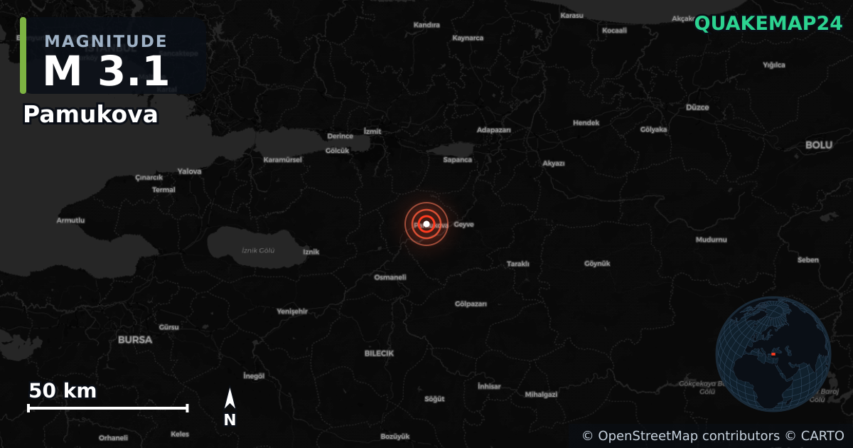 M3.1 earthquake near Pamukova on Nov 28, 2025 — map of epicenter and shaking intensity | QuakeMap24