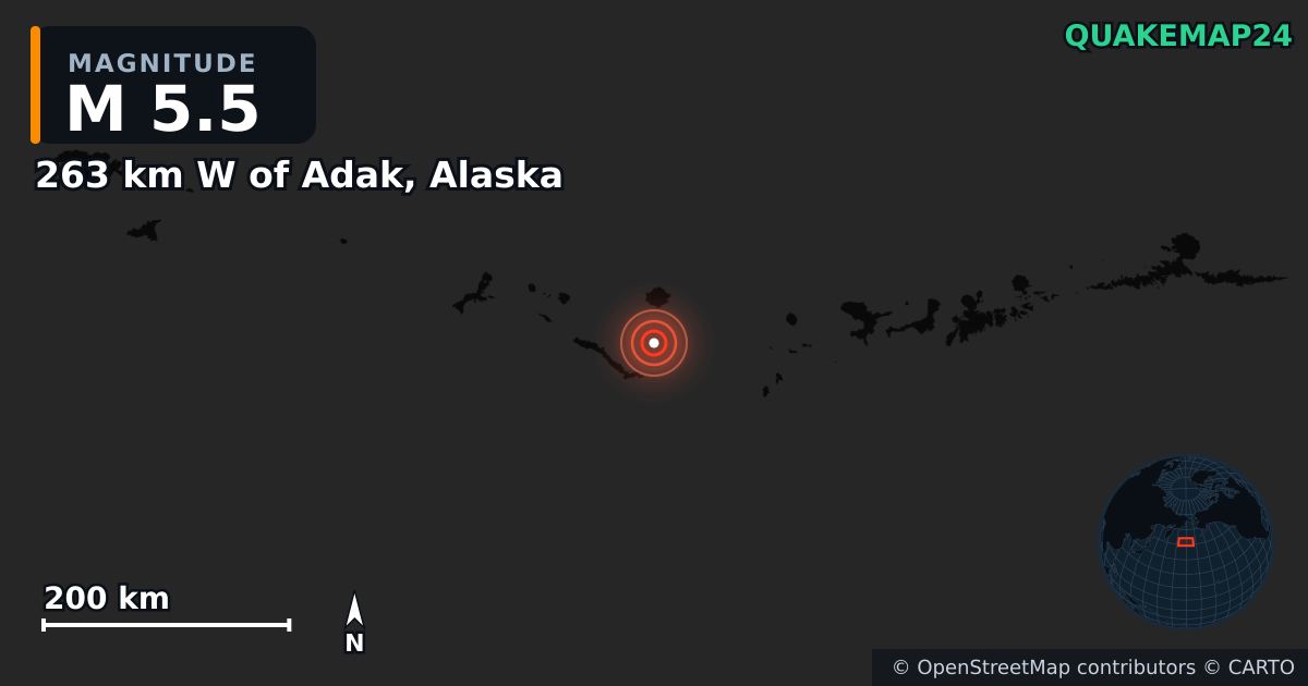 M5.5 earthquake near 263 km W of Adak, Alaska on Aug 29, 2025 — map of epicenter and shaking intensity | QuakeMap24