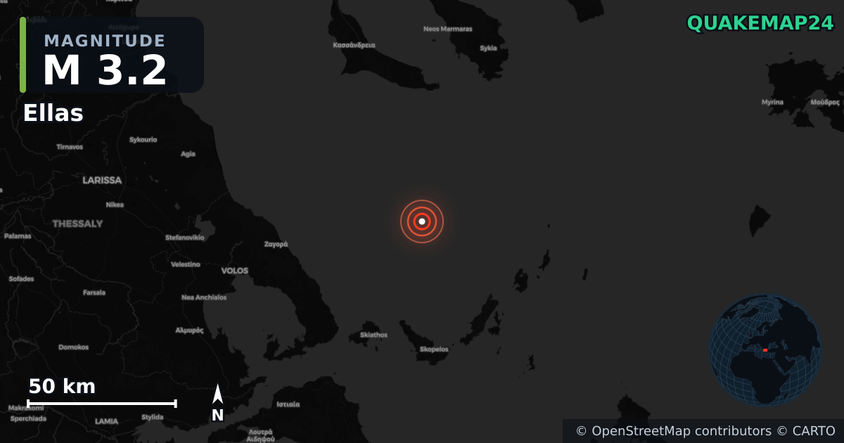 M3.2 earthquake near Ellas on Nov 23, 2025 — map of epicenter and shaking intensity | QuakeMap24