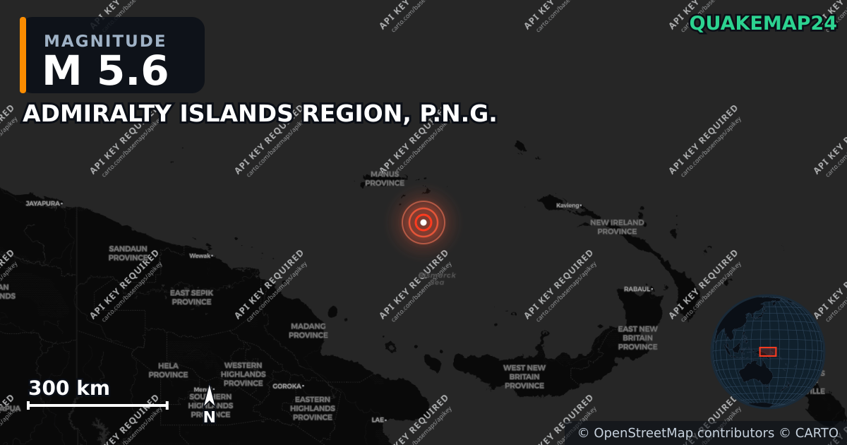 M5.6 earthquake near ADMIRALTY ISLANDS REGION, P.N.G. on May 8, 2026 — map of epicenter and shaking intensity | QuakeMap24